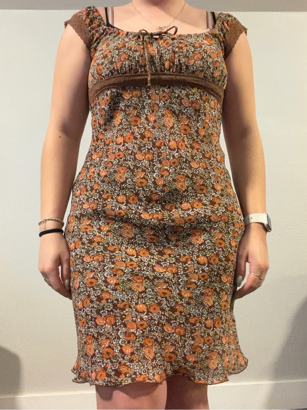 Y2K Brown Floral Cap-Sleeve Dress